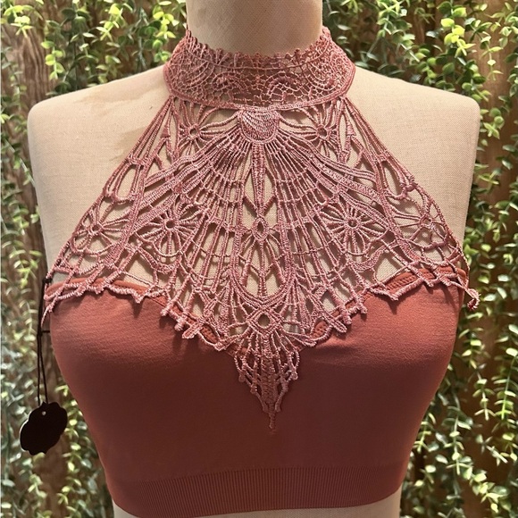 Other - NWT Lace Halter Crochet Detail Bralette-Dusty Rose